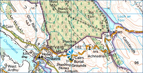 The OS map of the Dervaig region. Note the 'hotel', 'standing stones' and the many points of interest clustered around this area on Mull.